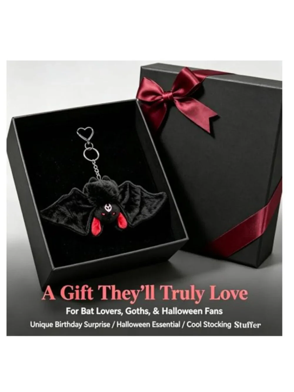 Gothic Bat Plush Keychain, Bag Charm with Heart Clip, Dark Aesthetic Accessory